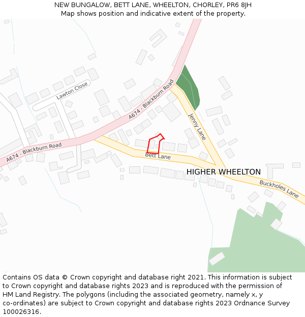 NEW BUNGALOW, BETT LANE, WHEELTON, CHORLEY, PR6 8JH: Location map and indicative extent of plot