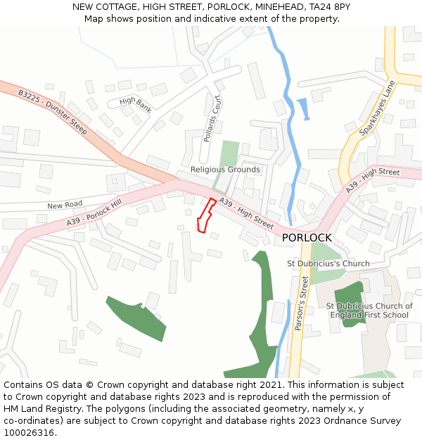 NEW COTTAGE, HIGH STREET, PORLOCK, MINEHEAD, TA24 8PY: Location map and indicative extent of plot