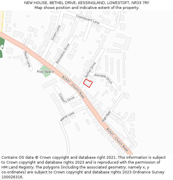 NEW HOUSE, BETHEL DRIVE, KESSINGLAND, LOWESTOFT, NR33 7RY: Location map and indicative extent of plot