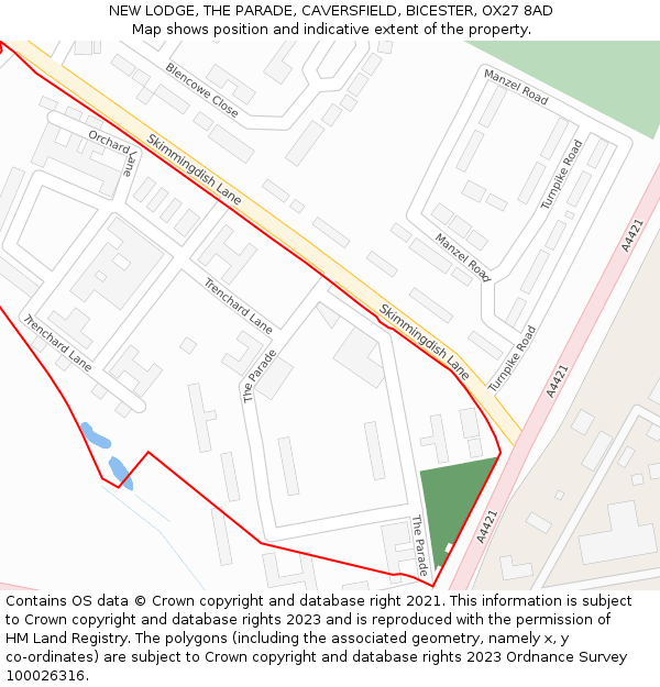 NEW LODGE, THE PARADE, CAVERSFIELD, BICESTER, OX27 8AD: Location map and indicative extent of plot