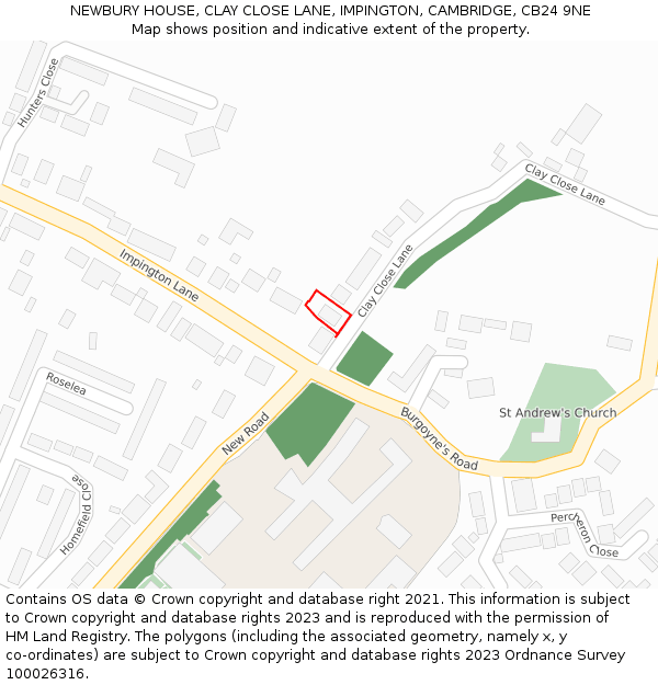 NEWBURY HOUSE, CLAY CLOSE LANE, IMPINGTON, CAMBRIDGE, CB24 9NE: Location map and indicative extent of plot