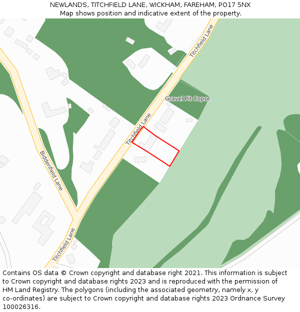 NEWLANDS, TITCHFIELD LANE, WICKHAM, FAREHAM, PO17 5NX: Location map and indicative extent of plot