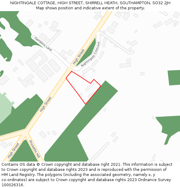 NIGHTINGALE COTTAGE, HIGH STREET, SHIRRELL HEATH, SOUTHAMPTON, SO32 2JH: Location map and indicative extent of plot