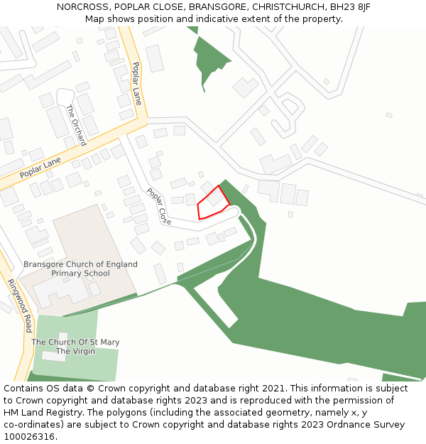 NORCROSS, POPLAR CLOSE, BRANSGORE, CHRISTCHURCH, BH23 8JF: Location map and indicative extent of plot