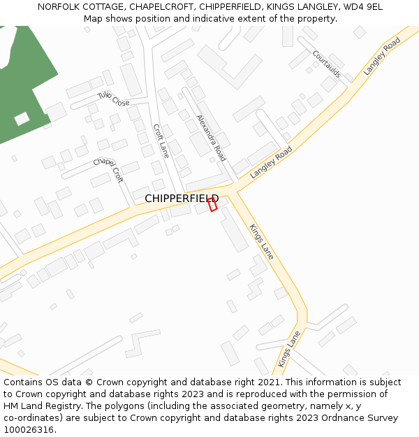 NORFOLK COTTAGE, CHAPELCROFT, CHIPPERFIELD, KINGS LANGLEY, WD4 9EL: Location map and indicative extent of plot