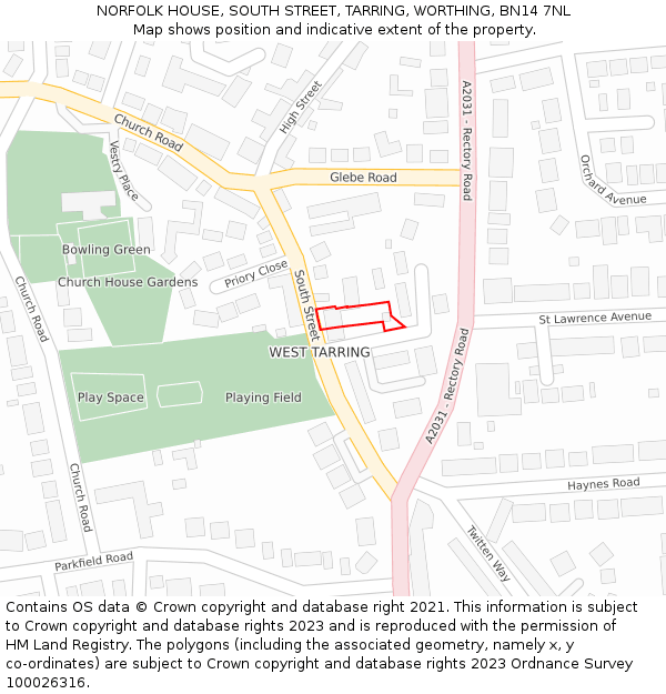 NORFOLK HOUSE, SOUTH STREET, TARRING, WORTHING, BN14 7NL: Location map and indicative extent of plot