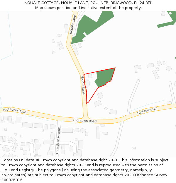 NOUALE COTTAGE, NOUALE LANE, POULNER, RINGWOOD, BH24 3EL: Location map and indicative extent of plot