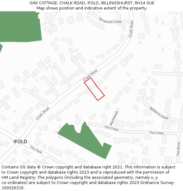 OAK COTTAGE, CHALK ROAD, IFOLD, BILLINGSHURST, RH14 0UE: Location map and indicative extent of plot