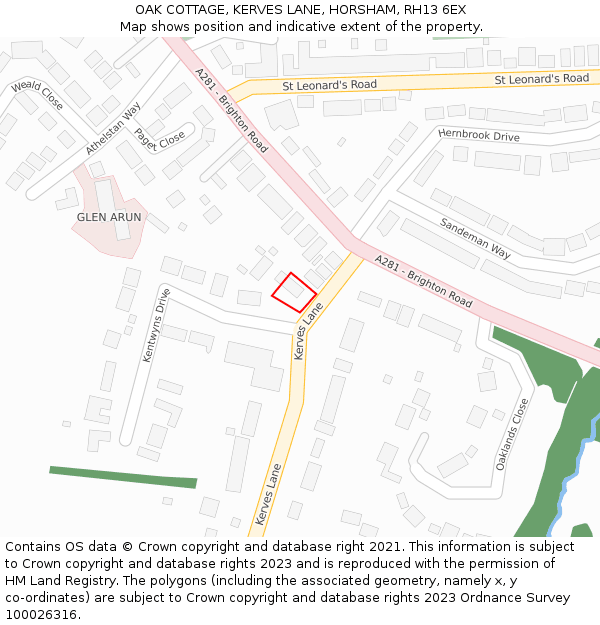 OAK COTTAGE, KERVES LANE, HORSHAM, RH13 6EX: Location map and indicative extent of plot