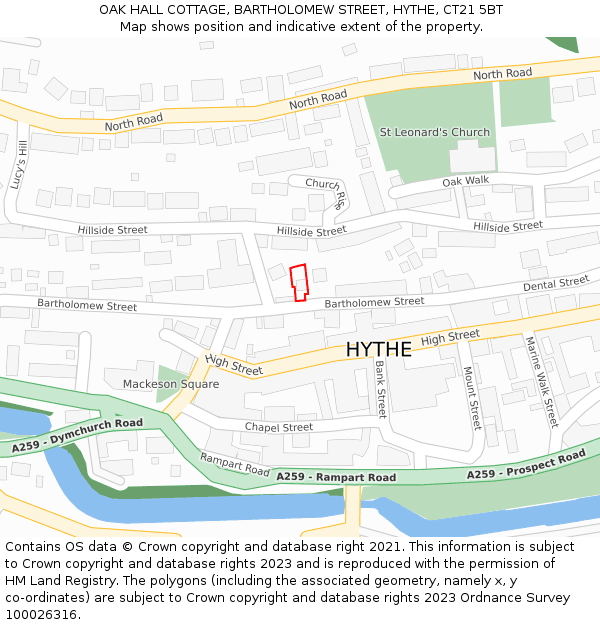 OAK HALL COTTAGE, BARTHOLOMEW STREET, HYTHE, CT21 5BT: Location map and indicative extent of plot