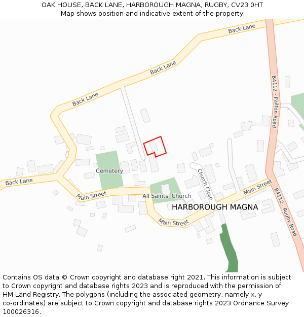 OAK HOUSE, BACK LANE, HARBOROUGH MAGNA, RUGBY, CV23 0HT: Location map and indicative extent of plot