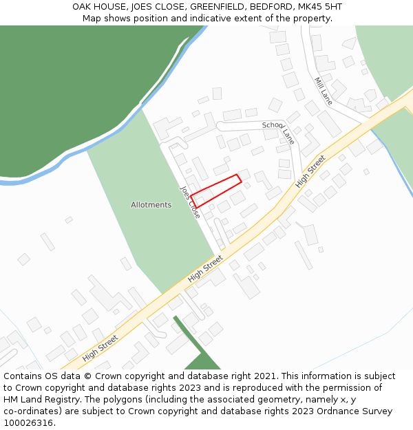 OAK HOUSE, JOES CLOSE, GREENFIELD, BEDFORD, MK45 5HT: Location map and indicative extent of plot