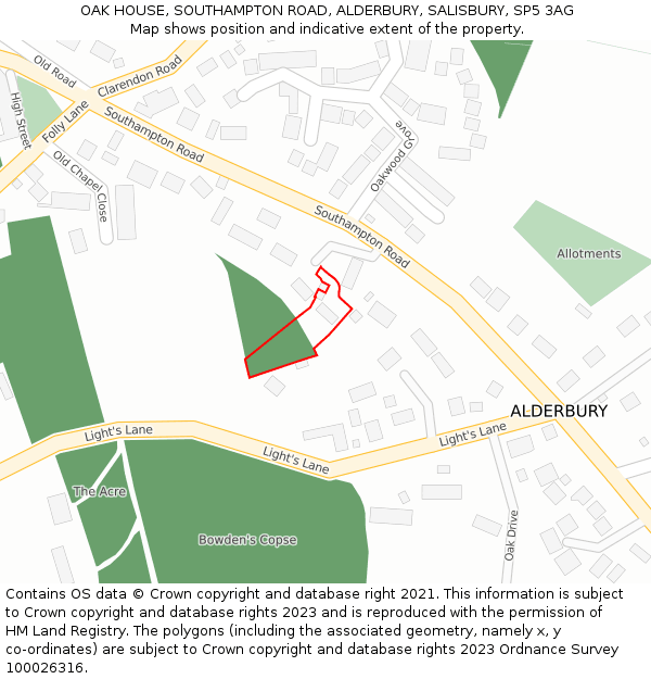 OAK HOUSE, SOUTHAMPTON ROAD, ALDERBURY, SALISBURY, SP5 3AG: Location map and indicative extent of plot