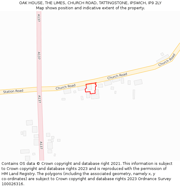 OAK HOUSE, THE LIMES, CHURCH ROAD, TATTINGSTONE, IPSWICH, IP9 2LY: Location map and indicative extent of plot
