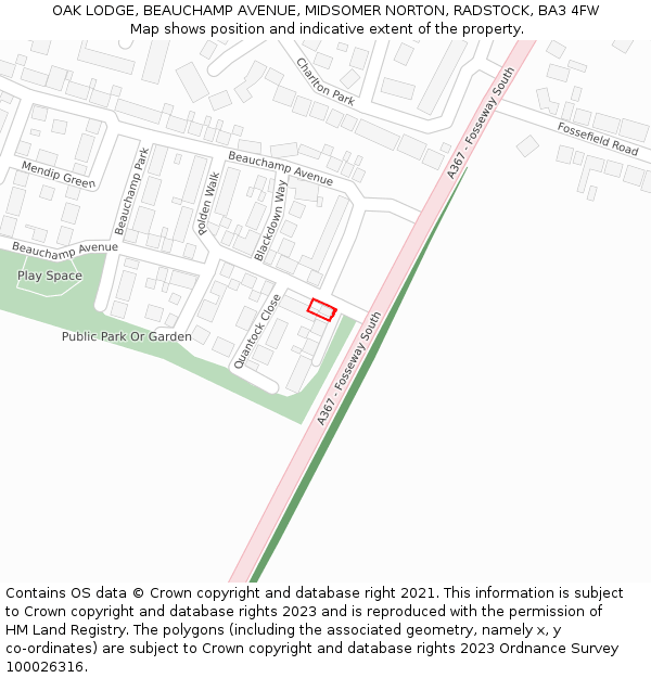 OAK LODGE, BEAUCHAMP AVENUE, MIDSOMER NORTON, RADSTOCK, BA3 4FW: Location map and indicative extent of plot
