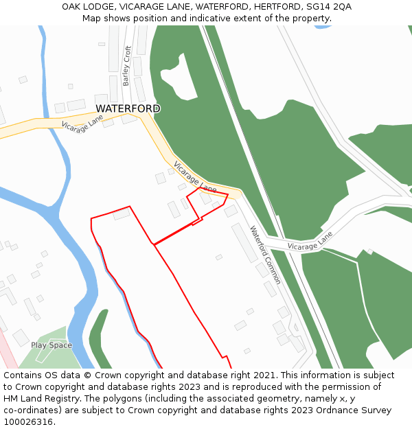 OAK LODGE, VICARAGE LANE, WATERFORD, HERTFORD, SG14 2QA: Location map and indicative extent of plot