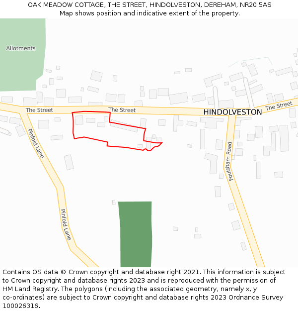 OAK MEADOW COTTAGE, THE STREET, HINDOLVESTON, DEREHAM, NR20 5AS: Location map and indicative extent of plot