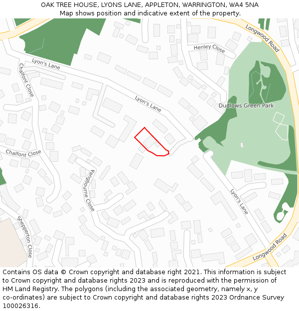OAK TREE HOUSE, LYONS LANE, APPLETON, WARRINGTON, WA4 5NA: Location map and indicative extent of plot
