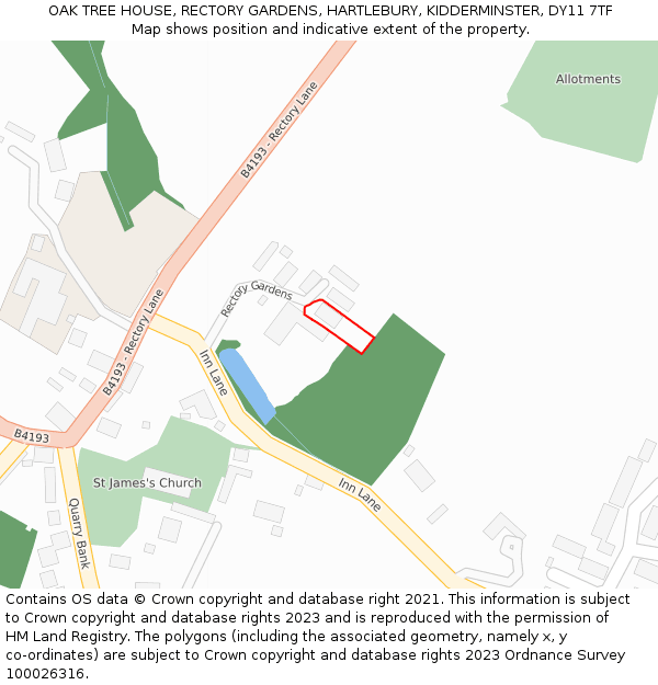 OAK TREE HOUSE, RECTORY GARDENS, HARTLEBURY, KIDDERMINSTER, DY11 7TF: Location map and indicative extent of plot