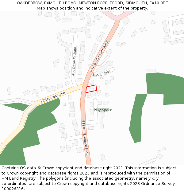 OAKBERROW, EXMOUTH ROAD, NEWTON POPPLEFORD, SIDMOUTH, EX10 0BE: Location map and indicative extent of plot