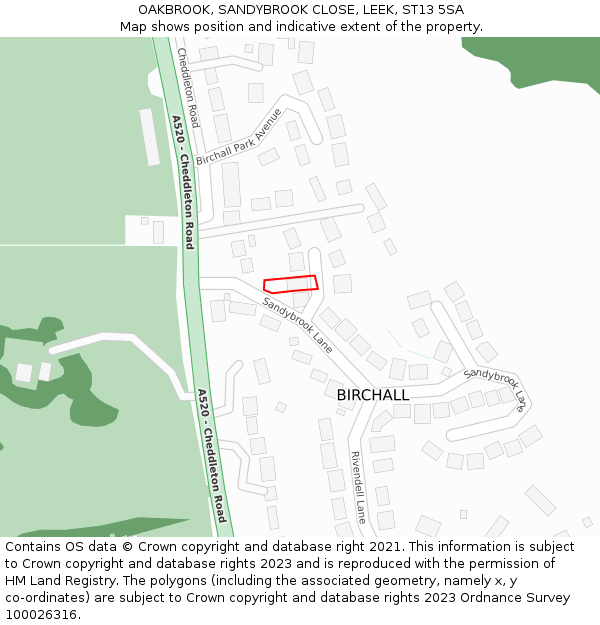 OAKBROOK, SANDYBROOK CLOSE, LEEK, ST13 5SA: Location map and indicative extent of plot