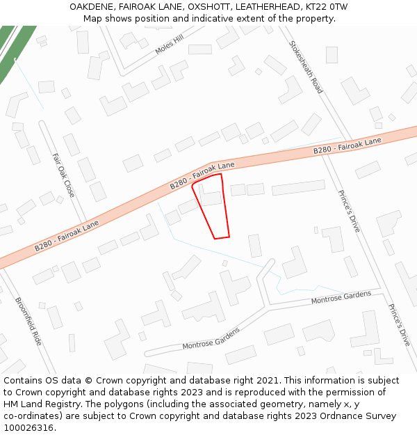 OAKDENE, FAIROAK LANE, OXSHOTT, LEATHERHEAD, KT22 0TW: Location map and indicative extent of plot