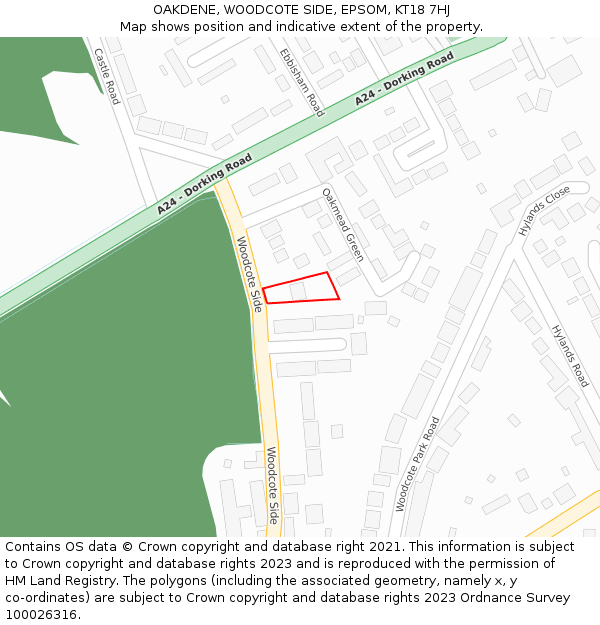 OAKDENE, WOODCOTE SIDE, EPSOM, KT18 7HJ: Location map and indicative extent of plot