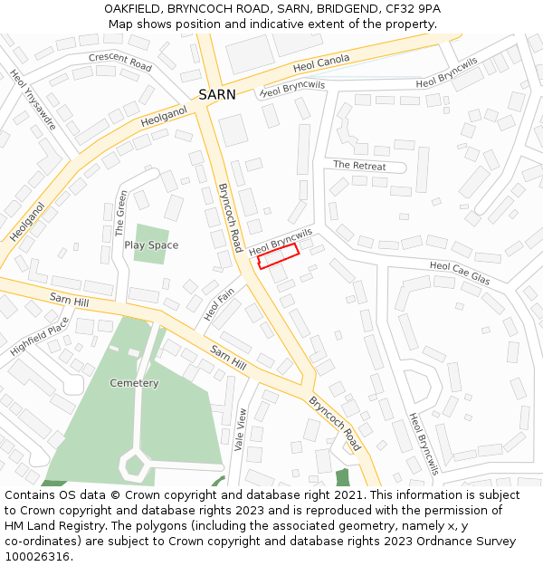 OAKFIELD, BRYNCOCH ROAD, SARN, BRIDGEND, CF32 9PA: Location map and indicative extent of plot