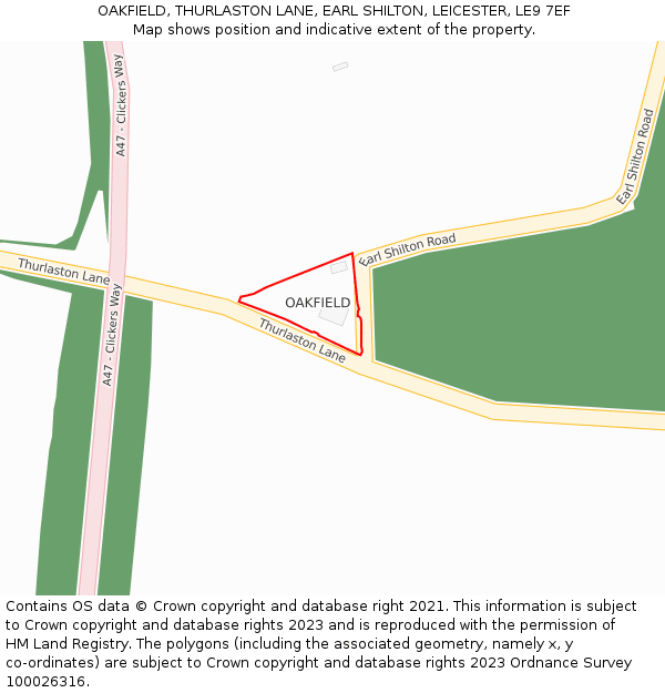 OAKFIELD, THURLASTON LANE, EARL SHILTON, LEICESTER, LE9 7EF: Location map and indicative extent of plot