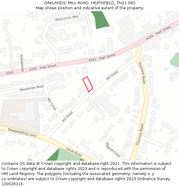 OAKLANDS, MILL ROAD, HEATHFIELD, TN21 0XD: Location map and indicative extent of plot