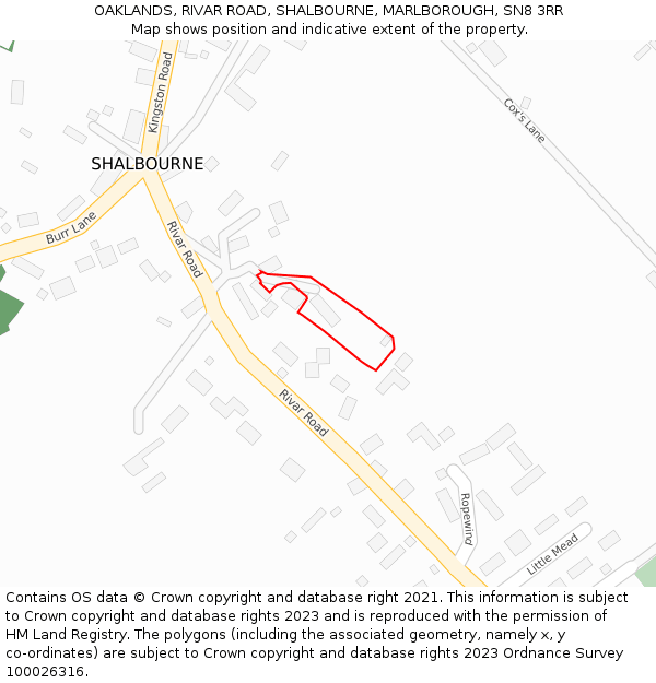 OAKLANDS, RIVAR ROAD, SHALBOURNE, MARLBOROUGH, SN8 3RR: Location map and indicative extent of plot