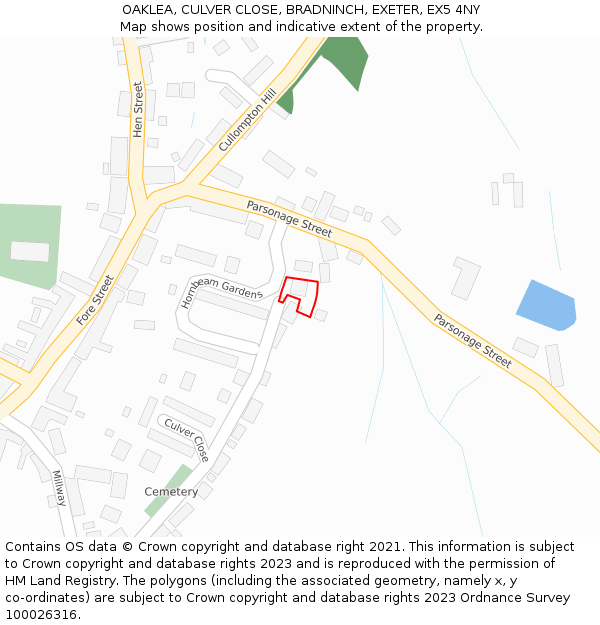 OAKLEA, CULVER CLOSE, BRADNINCH, EXETER, EX5 4NY: Location map and indicative extent of plot