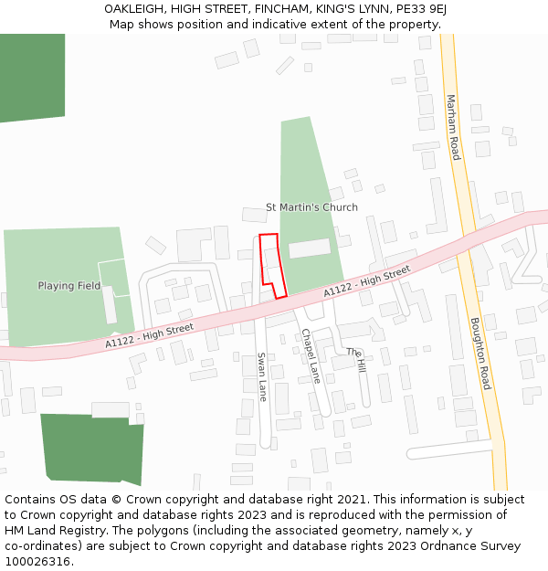 OAKLEIGH, HIGH STREET, FINCHAM, KING'S LYNN, PE33 9EJ: Location map and indicative extent of plot