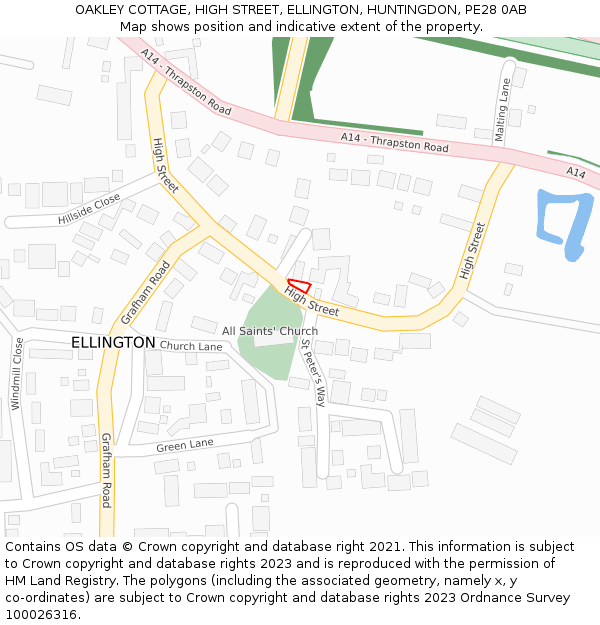 OAKLEY COTTAGE, HIGH STREET, ELLINGTON, HUNTINGDON, PE28 0AB: Location map and indicative extent of plot