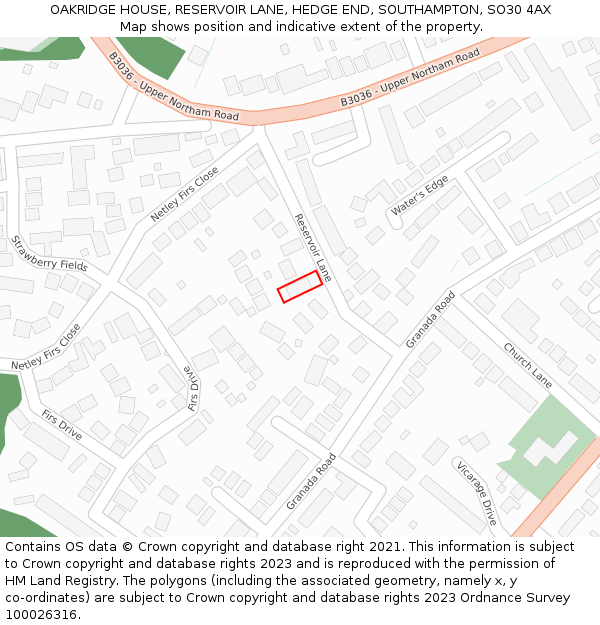 OAKRIDGE HOUSE, RESERVOIR LANE, HEDGE END, SOUTHAMPTON, SO30 4AX: Location map and indicative extent of plot