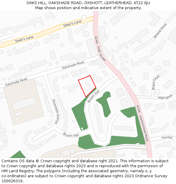 OAKS HILL, OAKSHADE ROAD, OXSHOTT, LEATHERHEAD, KT22 0JU: Location map and indicative extent of plot