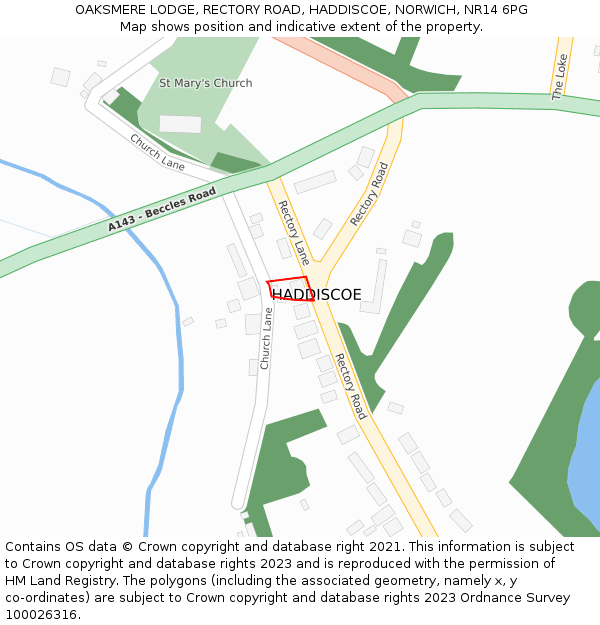 OAKSMERE LODGE, RECTORY ROAD, HADDISCOE, NORWICH, NR14 6PG: Location map and indicative extent of plot