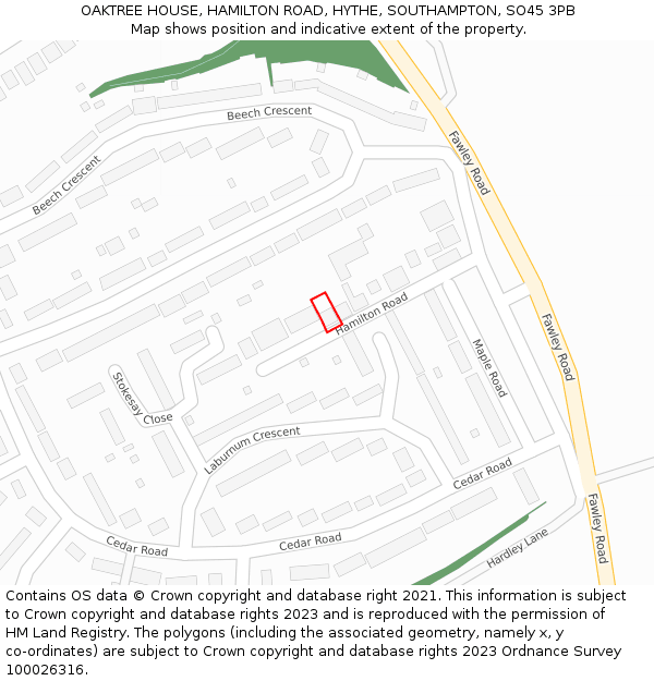 OAKTREE HOUSE, HAMILTON ROAD, HYTHE, SOUTHAMPTON, SO45 3PB: Location map and indicative extent of plot