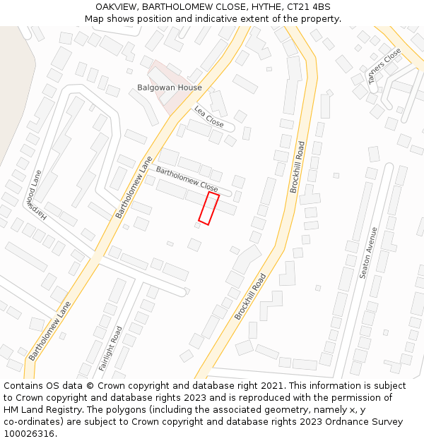 OAKVIEW, BARTHOLOMEW CLOSE, HYTHE, CT21 4BS: Location map and indicative extent of plot