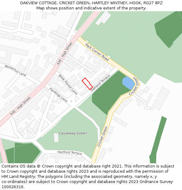 OAKVIEW COTTAGE, CRICKET GREEN, HARTLEY WINTNEY, HOOK, RG27 8PZ: Location map and indicative extent of plot