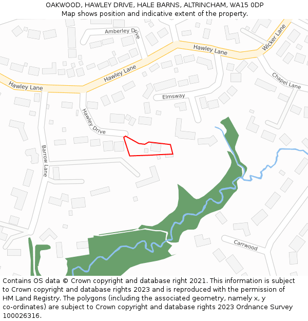OAKWOOD, HAWLEY DRIVE, HALE BARNS, ALTRINCHAM, WA15 0DP: Location map and indicative extent of plot