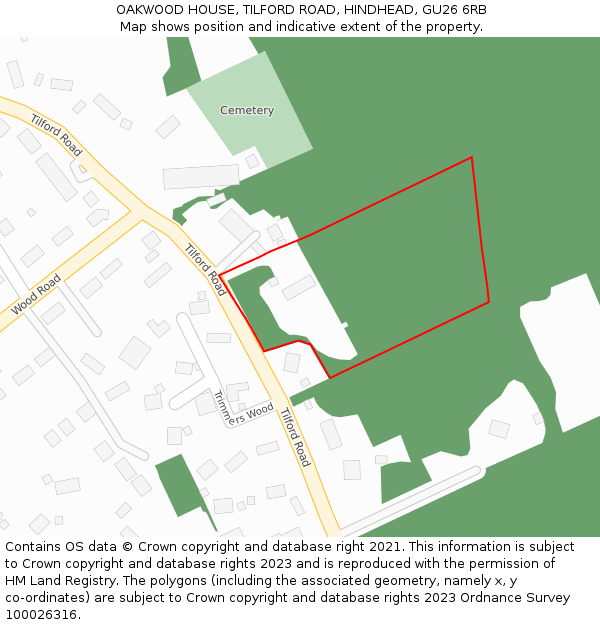 OAKWOOD HOUSE, TILFORD ROAD, HINDHEAD, GU26 6RB: Location map and indicative extent of plot