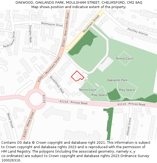 OAKWOOD, OAKLANDS PARK, MOULSHAM STREET, CHELMSFORD, CM2 9AQ: Location map and indicative extent of plot