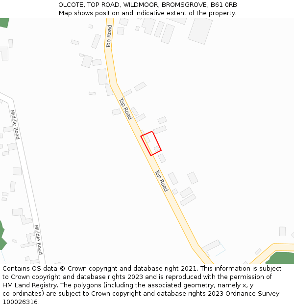 OLCOTE, TOP ROAD, WILDMOOR, BROMSGROVE, B61 0RB: Location map and indicative extent of plot