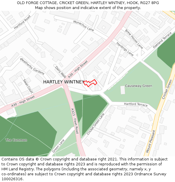 OLD FORGE COTTAGE, CRICKET GREEN, HARTLEY WINTNEY, HOOK, RG27 8PG: Location map and indicative extent of plot