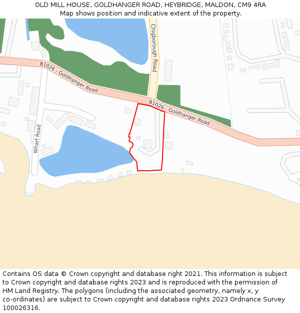 OLD MILL HOUSE, GOLDHANGER ROAD, HEYBRIDGE, MALDON, CM9 4RA: Location map and indicative extent of plot