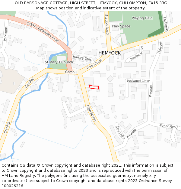 OLD PARSONAGE COTTAGE, HIGH STREET, HEMYOCK, CULLOMPTON, EX15 3RG: Location map and indicative extent of plot