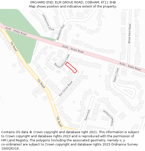 ORCHARD END, ELM GROVE ROAD, COBHAM, KT11 3HB: Location map and indicative extent of plot