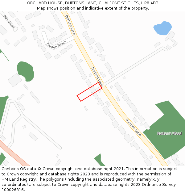 ORCHARD HOUSE, BURTONS LANE, CHALFONT ST GILES, HP8 4BB: Location map and indicative extent of plot