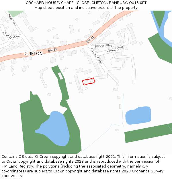 ORCHARD HOUSE, CHAPEL CLOSE, CLIFTON, BANBURY, OX15 0PT: Location map and indicative extent of plot
